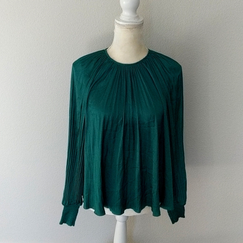 Ulla Johnson Womens Size 4 Green Blouse Top Aidy Pleated Satin Crew Neck